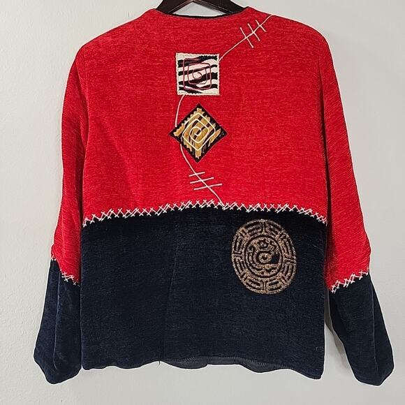 Alex Kim Women’s Medium Cardigan Jacket Red Black Velour Look Patchwork - Picture 6 of 9